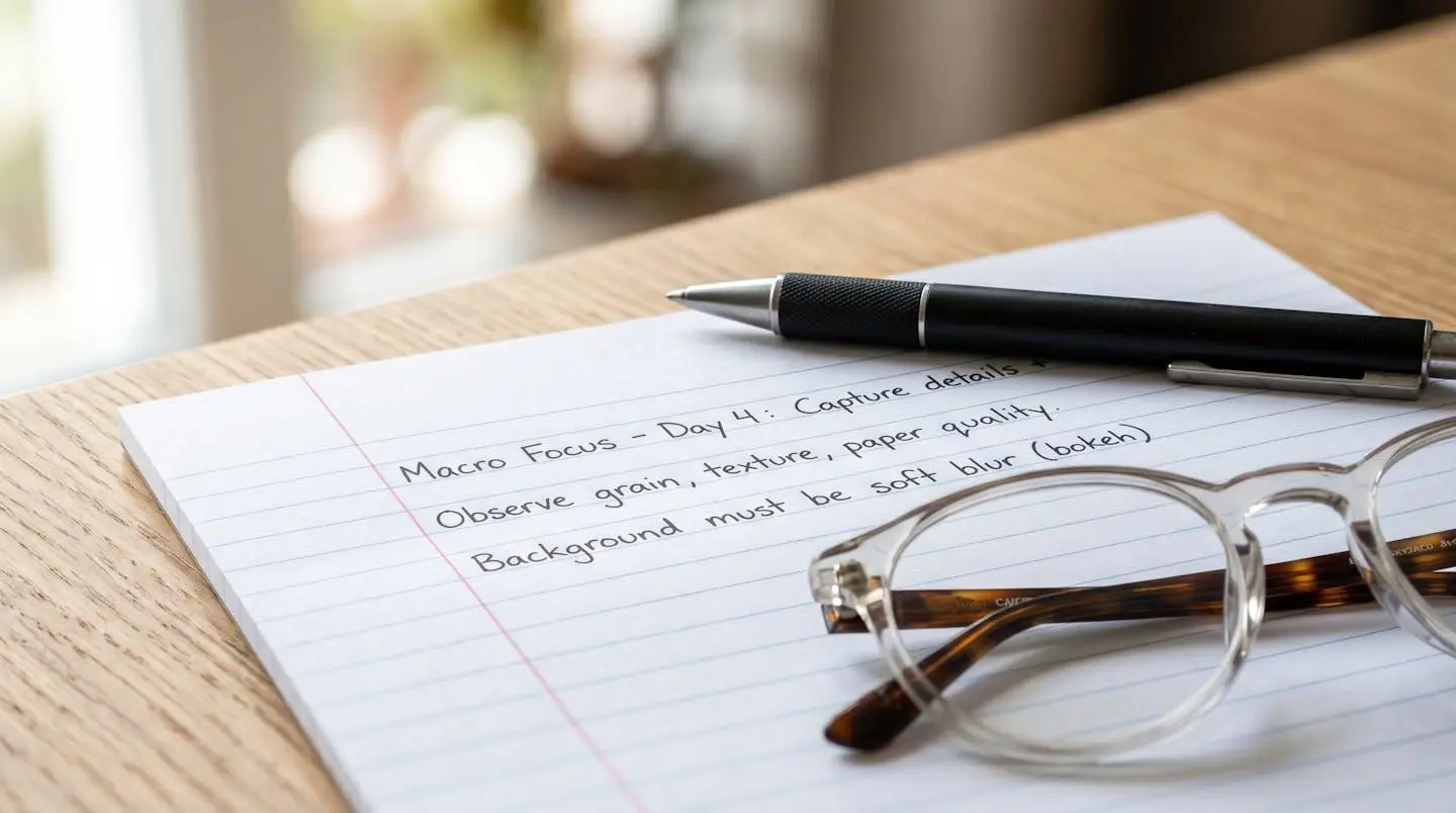 Gros plan sur un cahier de notes en anglais avec stylo et lunettes posés sur une table en bois moderne, éclairage naturel latéral