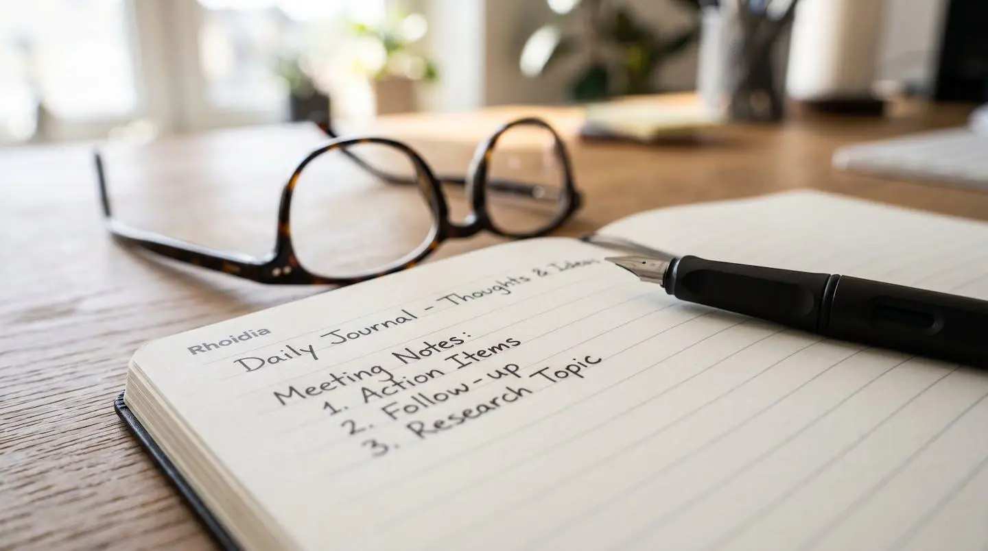 Gros plan sur un cahier de notes en anglais avec stylo et lunettes posés sur une table en bois moderne, éclairage naturel latéral