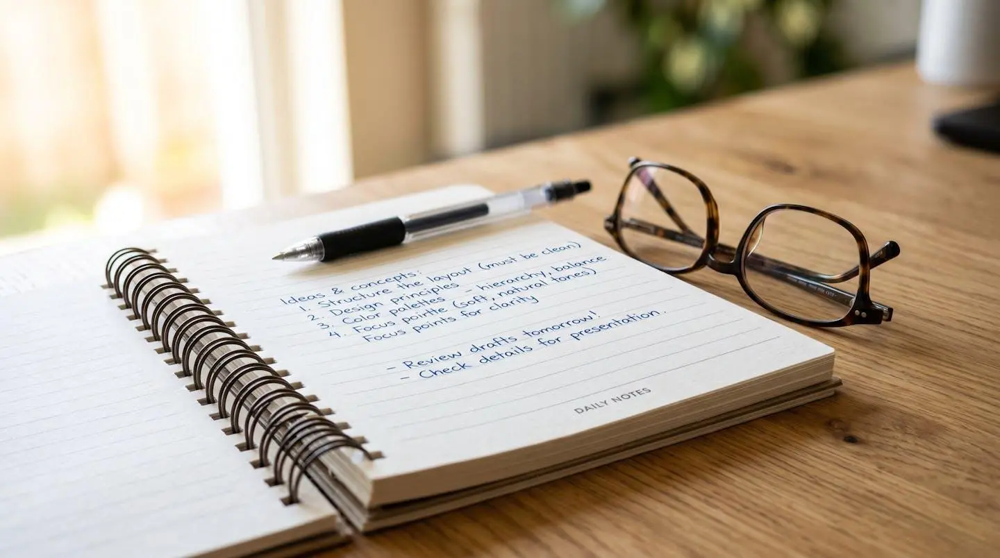 Gros plan sur un cahier de notes en anglais avec stylo et lunettes posés sur une table en bois moderne, éclairage naturel latéral