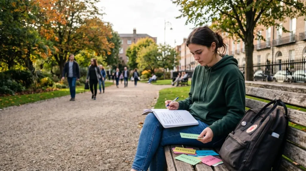 Jeune étudiant concentré écrivant dans un carnet dans un café dublinois lumineux, ambiance studieuse naturelle Jeune étudiant concentré écrivant dans un carnet dans un café dublinois lumineux, ambiance studieuse naturelle