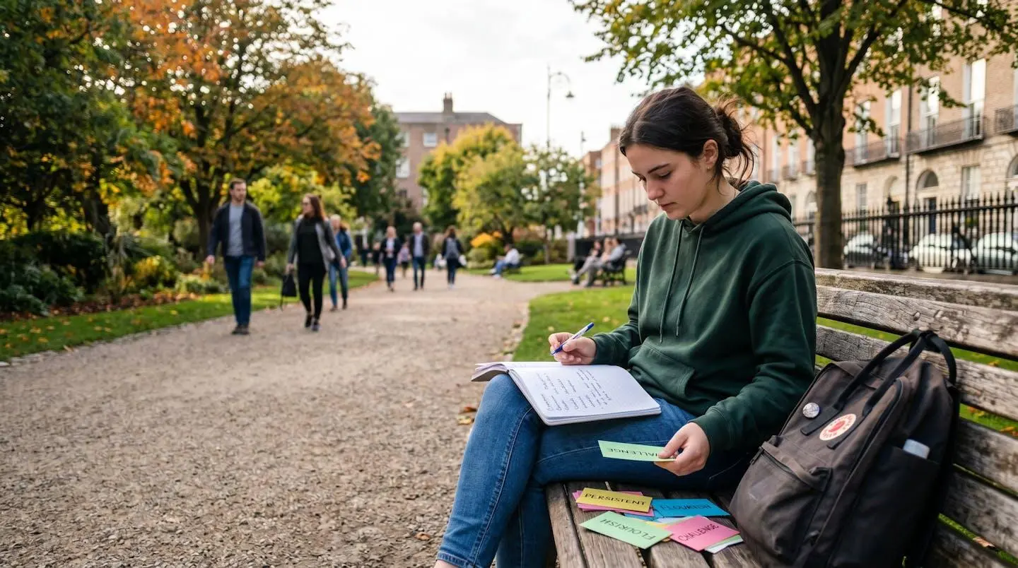 Jeune étudiant concentré écrivant dans un carnet dans un café dublinois lumineux, ambiance studieuse naturelle
