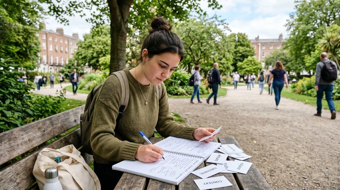 Jeune étudiant concentré écrivant dans un carnet dans un café dublinois lumineux, ambiance studieuse naturelle
