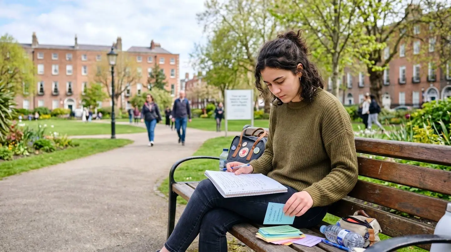 Jeune étudiant concentré écrivant dans un carnet dans un café dublinois lumineux, ambiance studieuse naturelle