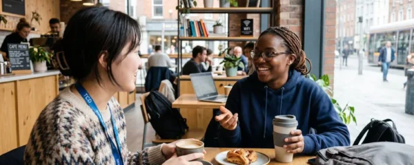 Deux étudiants internationaux échangent en anglais dans un café moderne de Dublin, vus de profil dans une ambiance chaleureuse et lumineuse