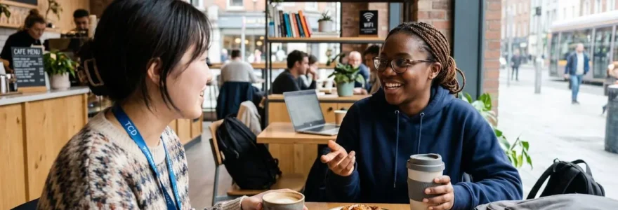 Deux étudiants internationaux échangent en anglais dans un café moderne de Dublin, vus de profil dans une ambiance chaleureuse et lumineuse
