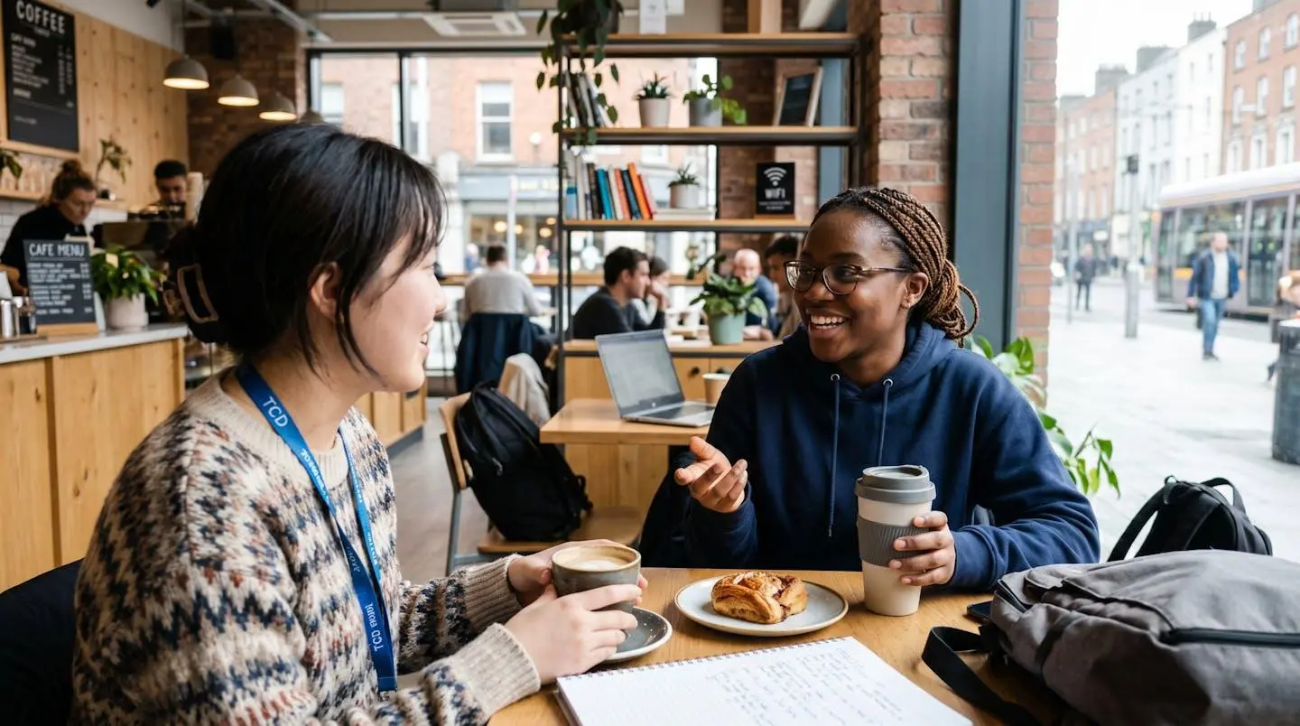 Deux étudiants internationaux échangent en anglais dans un café moderne de Dublin, vus de profil dans une ambiance chaleureuse et lumineuse