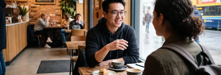 Deux étudiants internationaux échangent en anglais dans un café moderne de Dublin, vus de profil dans une ambiance chaleureuse et lumineuse