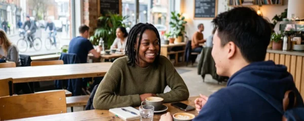 Deux étudiants internationaux échangent en anglais dans un café moderne de Dublin, vus de profil dans une ambiance chaleureuse et lumineuse