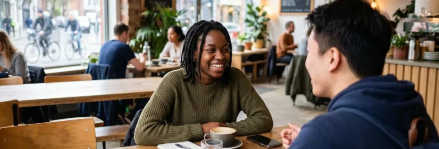 Deux étudiants internationaux échangent en anglais dans un café moderne de Dublin, vus de profil dans une ambiance chaleureuse et lumineuse