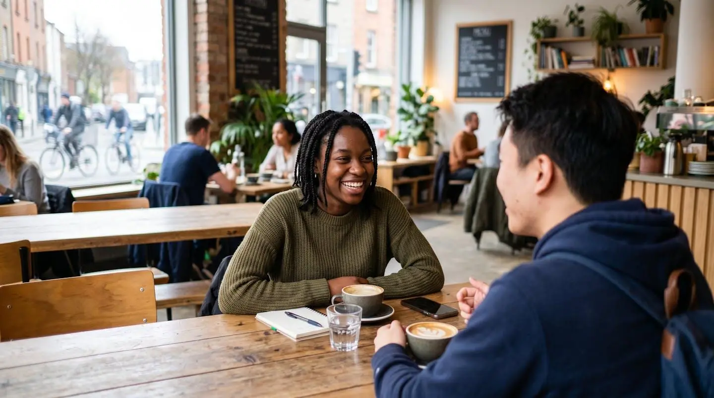 Deux étudiants internationaux échangent en anglais dans un café moderne de Dublin, vus de profil dans une ambiance chaleureuse et lumineuse