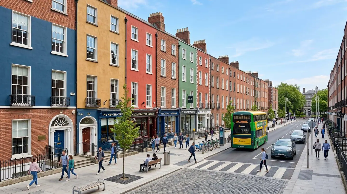Rue typique du centre-ville de Dublin avec façades géorgiennes colorées, lumière naturelle vive, ambiance urbaine moderne