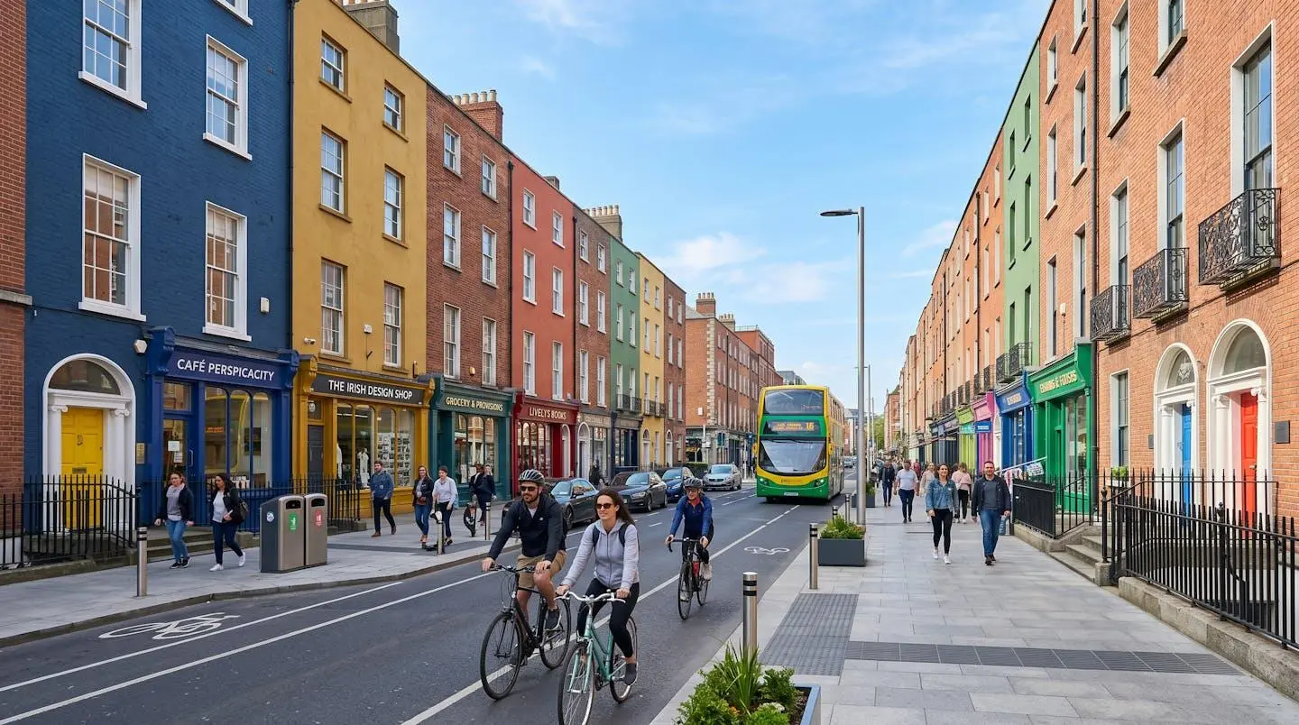 Rue typique du centre-ville de Dublin avec façades géorgiennes colorées, lumière naturelle vive, ambiance urbaine moderne